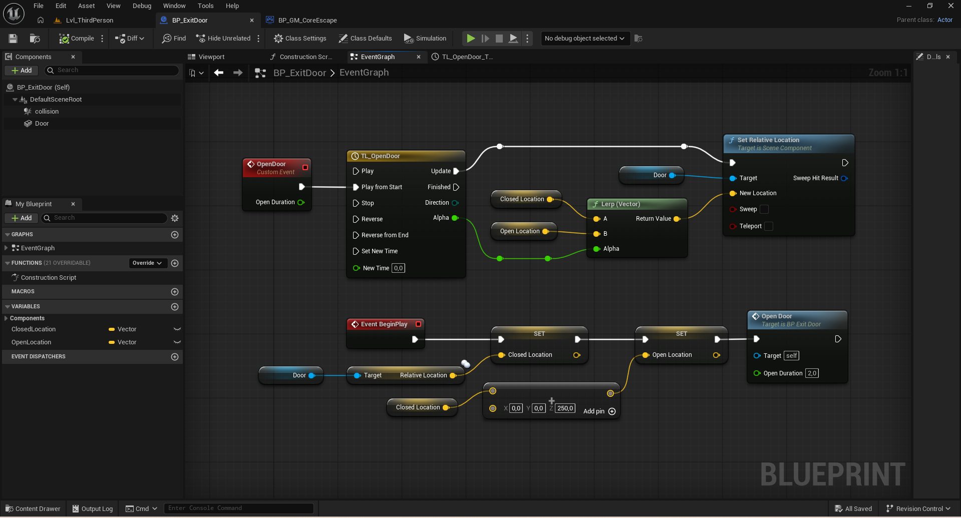 BP_ExitDoor: Timeline Alpha drives Lerp (Vector) and Set Relative Location.