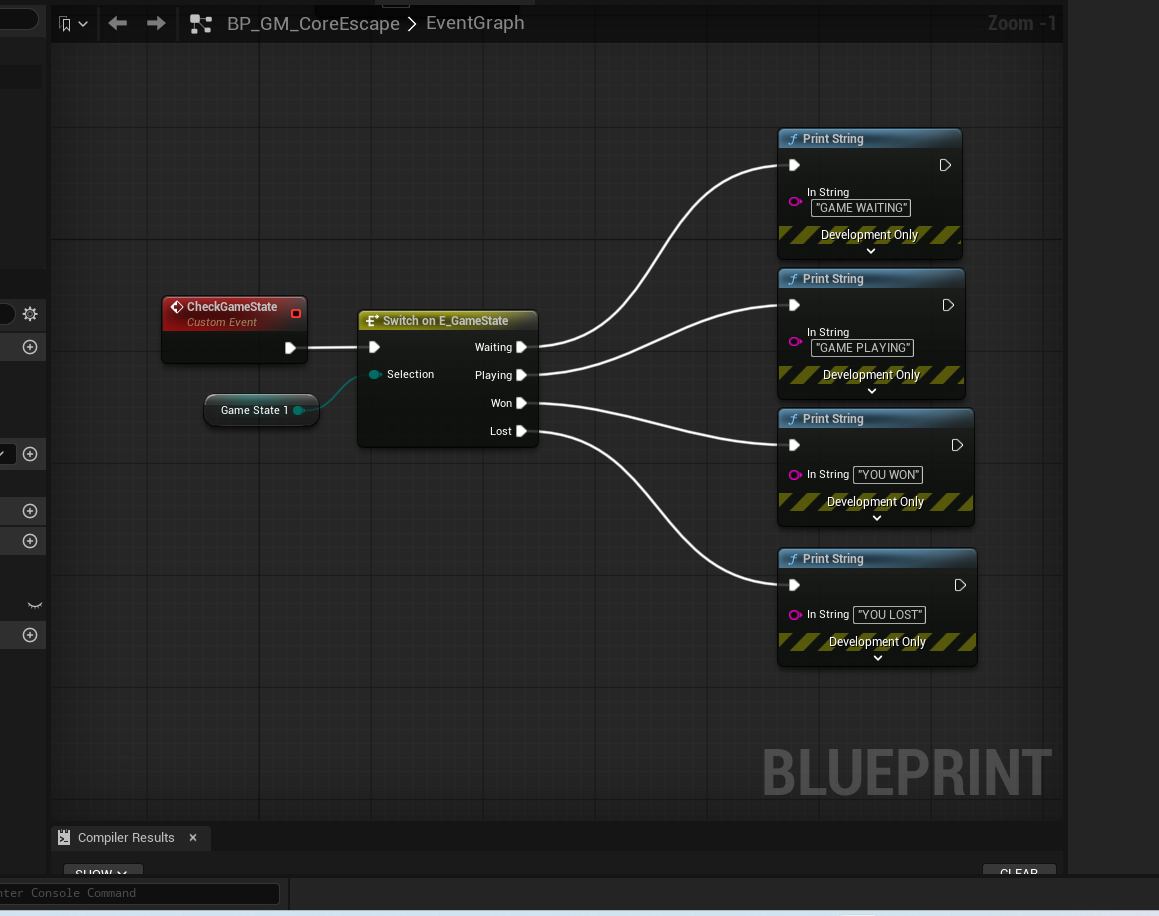 State-routing diagnostic: Switch on E_GameState handles Waiting, Playing, Won and Lost.