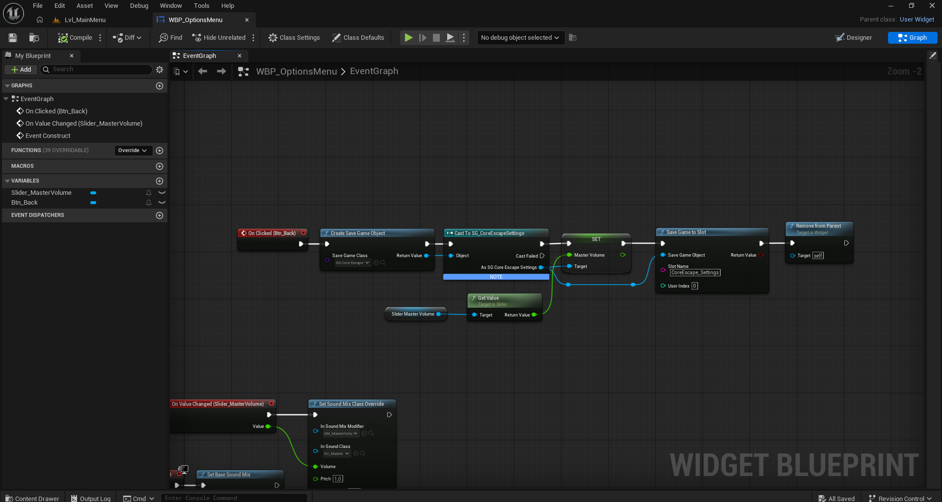 WBP_OptionsMenu: the slider value is written to SG_CoreEscapeSettings and saved to a slot.