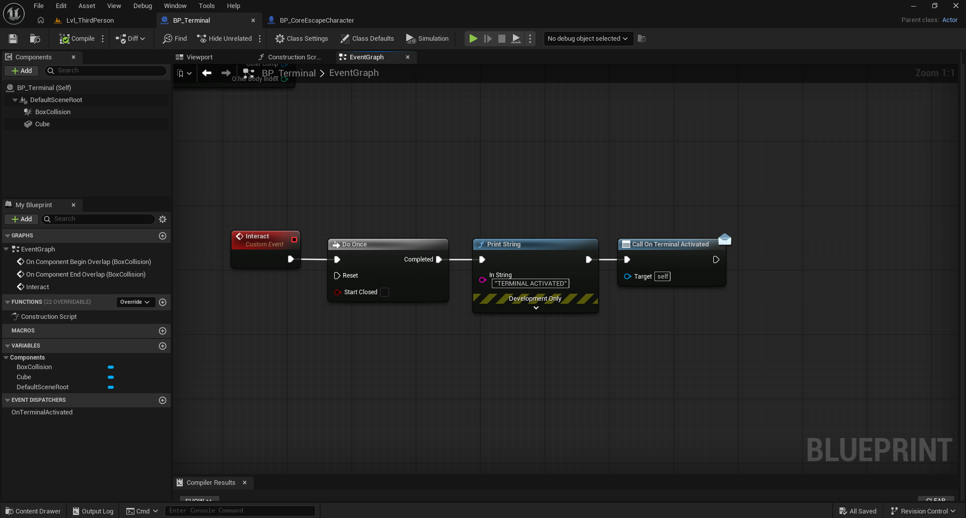 BP_Terminal: Interact passes through Do Once and calls OnTerminalActivated.