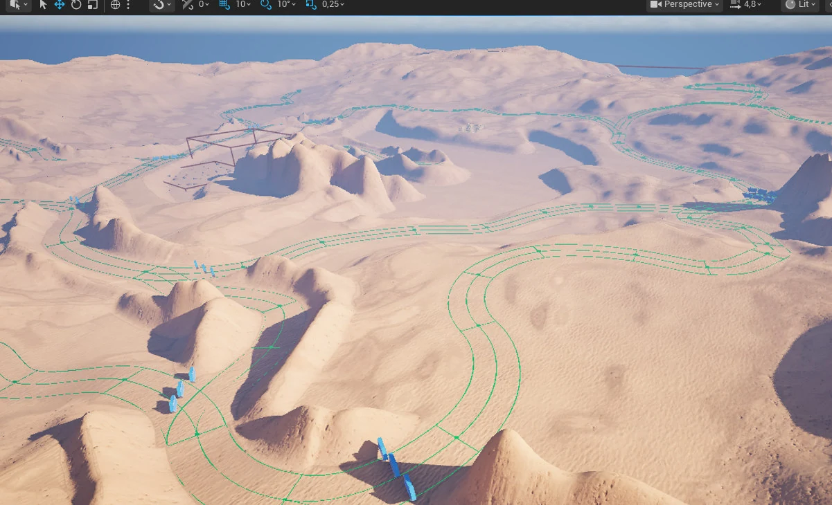 Landscape sculpting and route layout in the editor.