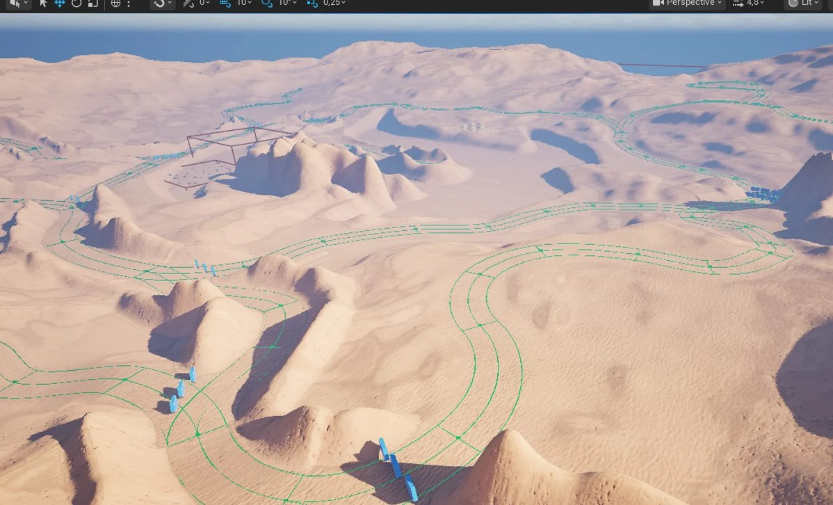 Route planning and arrow placement in Unreal Editor.